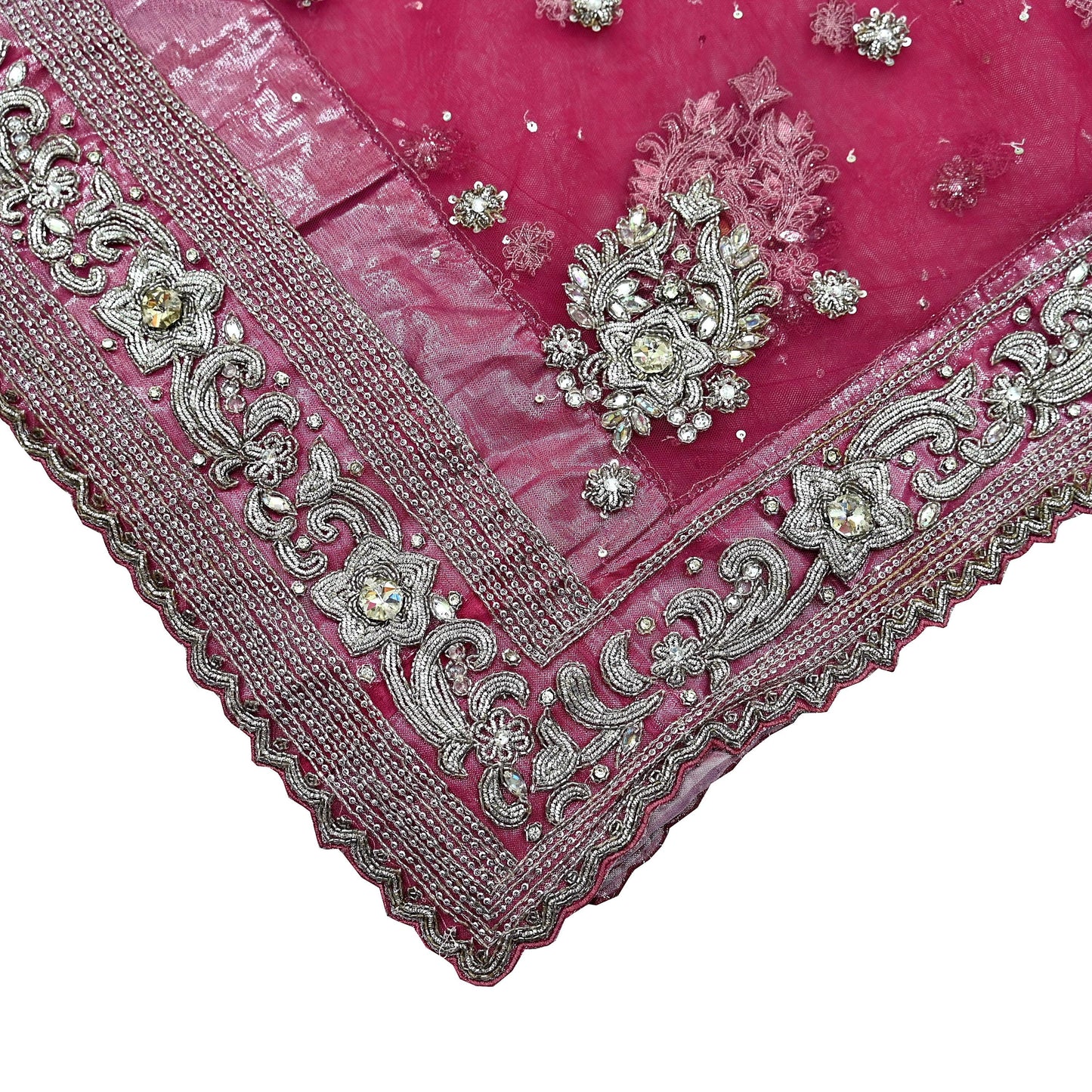 Indian Vintage Heavy Bridal Pink Dupatta Net Mesh Long Stole Hand Embroidered Scarves Silver Zardozi Dabka Zari Sequins Wedding veil