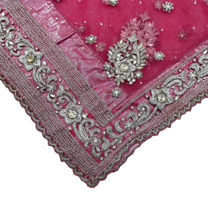 Indian Vintage Heavy Bridal Pink Dupatta Net Mesh Long Stole Hand Embroidered Scarves Silver Zardozi Dabka Zari Sequins Wedding veil