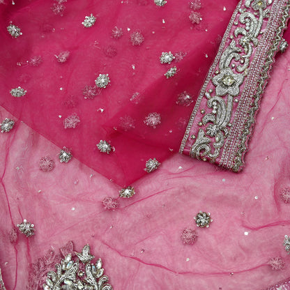 Indian Vintage Heavy Bridal Pink Dupatta Net Mesh Long Stole Hand Embroidered Scarves Silver Zardozi Dabka Zari Sequins Wedding veil