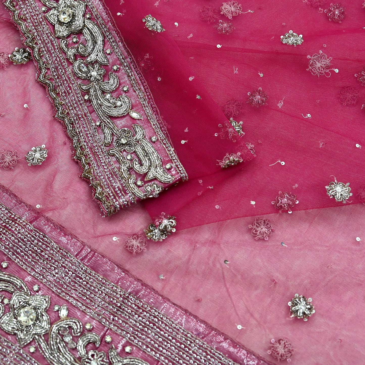 Indian Vintage Heavy Bridal Pink Dupatta Net Mesh Long Stole Hand Embroidered Scarves Silver Zardozi Dabka Zari Sequins Wedding veil
