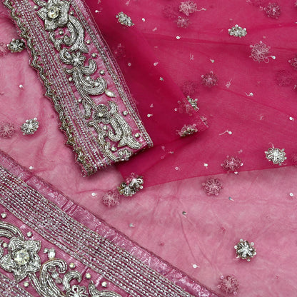Indian Vintage Heavy Bridal Pink Dupatta Net Mesh Long Stole Hand Embroidered Scarves Silver Zardozi Dabka Zari Sequins Wedding veil
