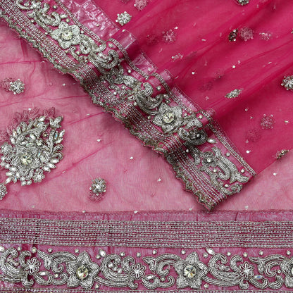 Indian Vintage Heavy Bridal Pink Dupatta Net Mesh Long Stole Hand Embroidered Scarves Silver Zardozi Dabka Zari Sequins Wedding veil