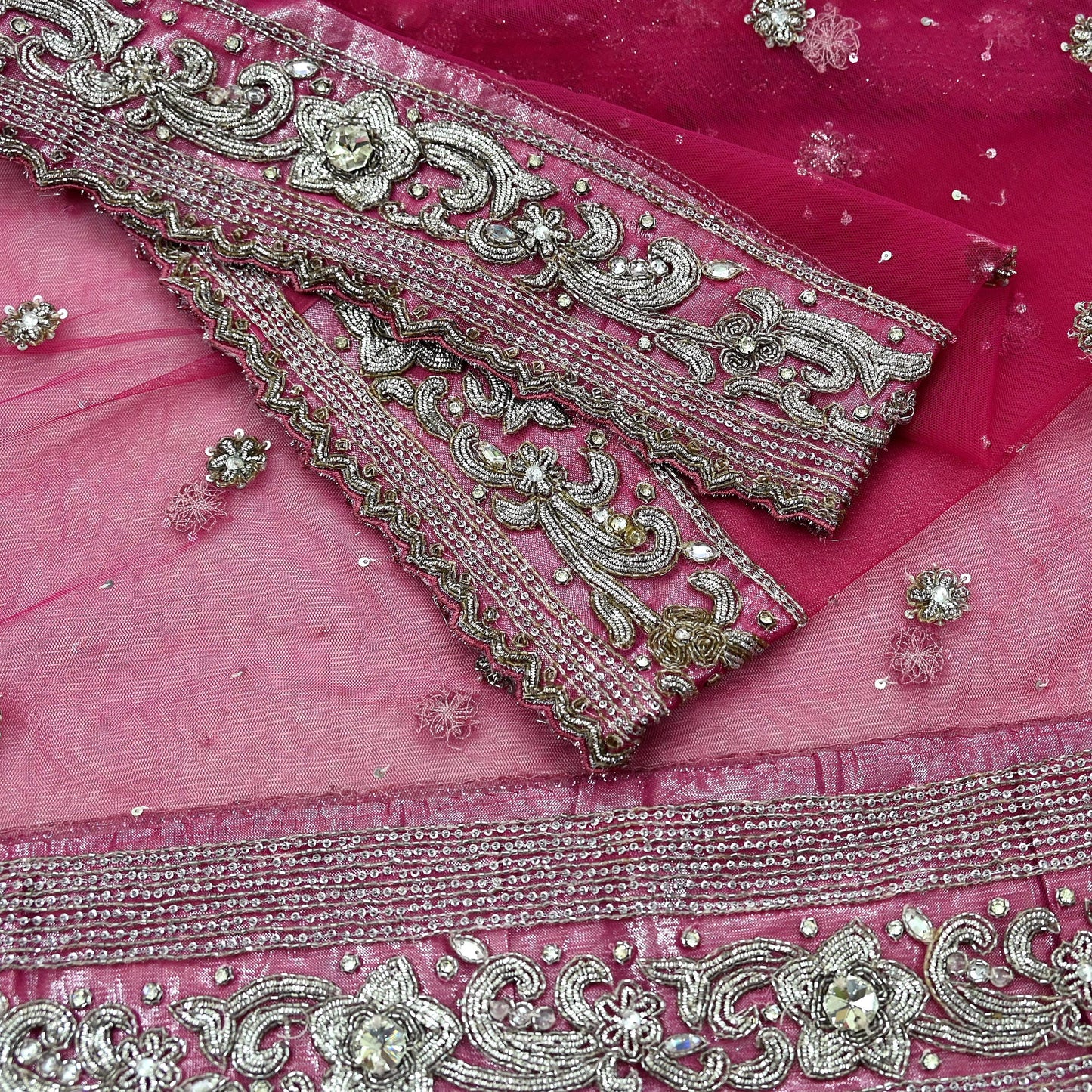 Indian Vintage Heavy Bridal Pink Dupatta Net Mesh Long Stole Hand Embroidered Scarves Silver Zardozi Dabka Zari Sequins Wedding veil
