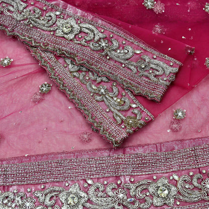 Indian Vintage Heavy Bridal Pink Dupatta Net Mesh Long Stole Hand Embroidered Scarves Silver Zardozi Dabka Zari Sequins Wedding veil