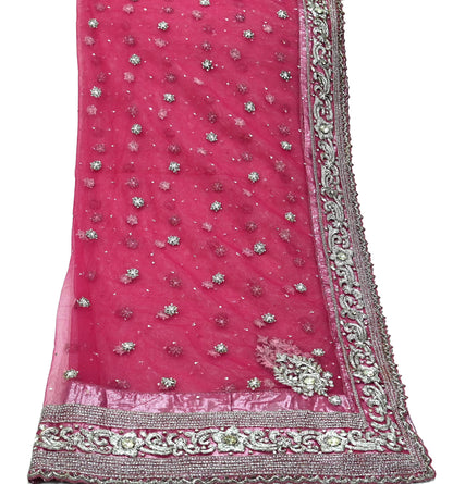 Indian Vintage Heavy Bridal Pink Dupatta Net Mesh Long Stole Hand Embroidered Scarves Silver Zardozi Dabka Zari Sequins Wedding veil