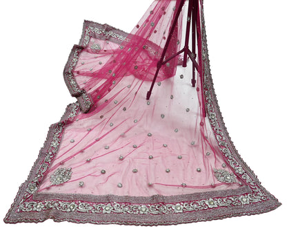 Indian Vintage Heavy Bridal Pink Dupatta Net Mesh Long Stole Hand Embroidered Scarves Silver Zardozi Dabka Zari Sequins Wedding veil