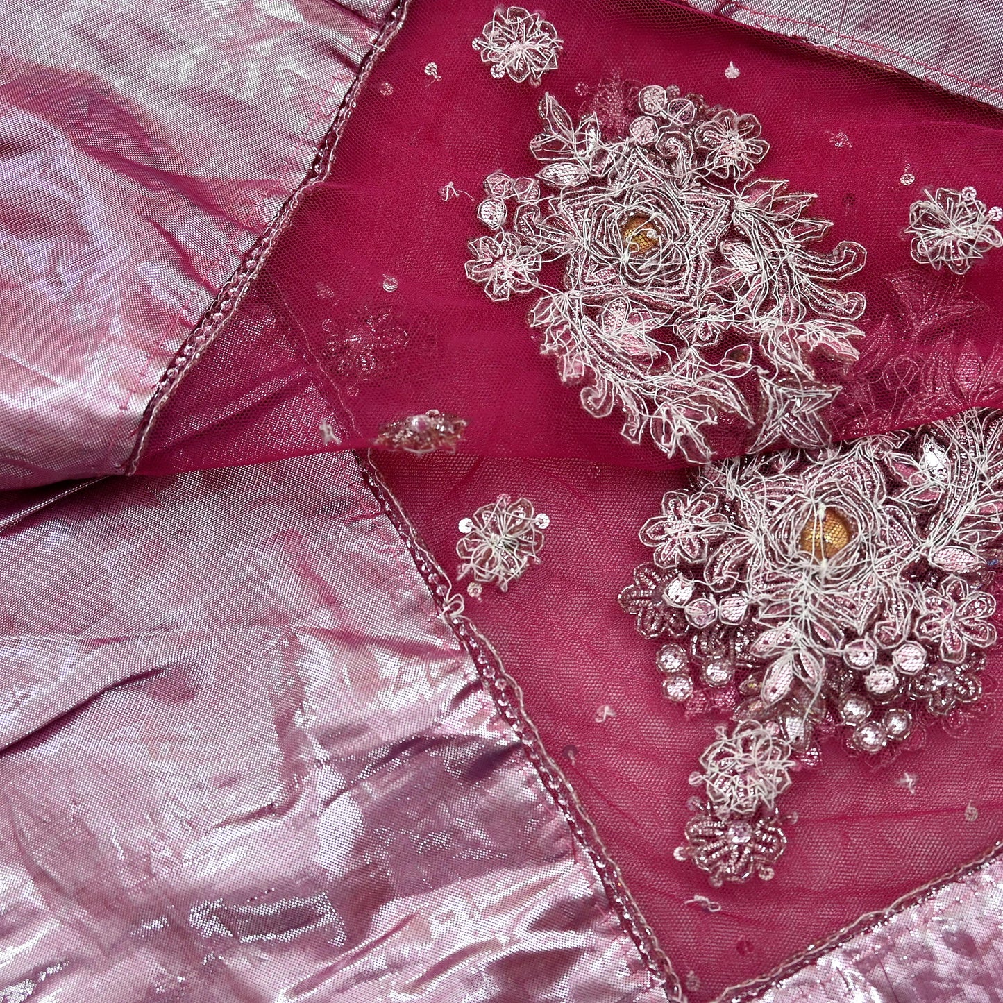 Indian Vintage Heavy Bridal Pink Dupatta Net Mesh Long Stole Hand Embroidered Scarves Silver Zardozi Dabka Zari Sequins Wedding veil