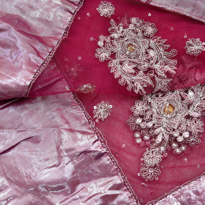 Indian Vintage Heavy Bridal Pink Dupatta Net Mesh Long Stole Hand Embroidered Scarves Silver Zardozi Dabka Zari Sequins Wedding veil