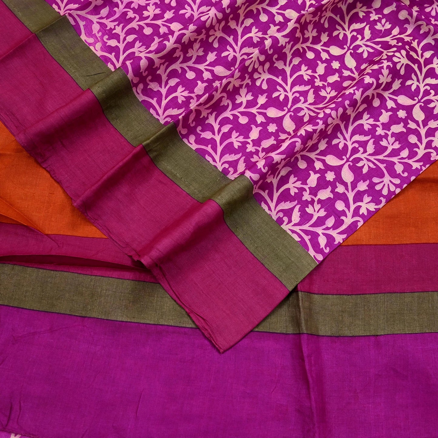 Indian Vintage Purple & Orange Saree Pure Khadi Silk Handloom Printed Sari Fabric 5yd Ethnic Wear Sari Stripes Designs Dress making Crafting