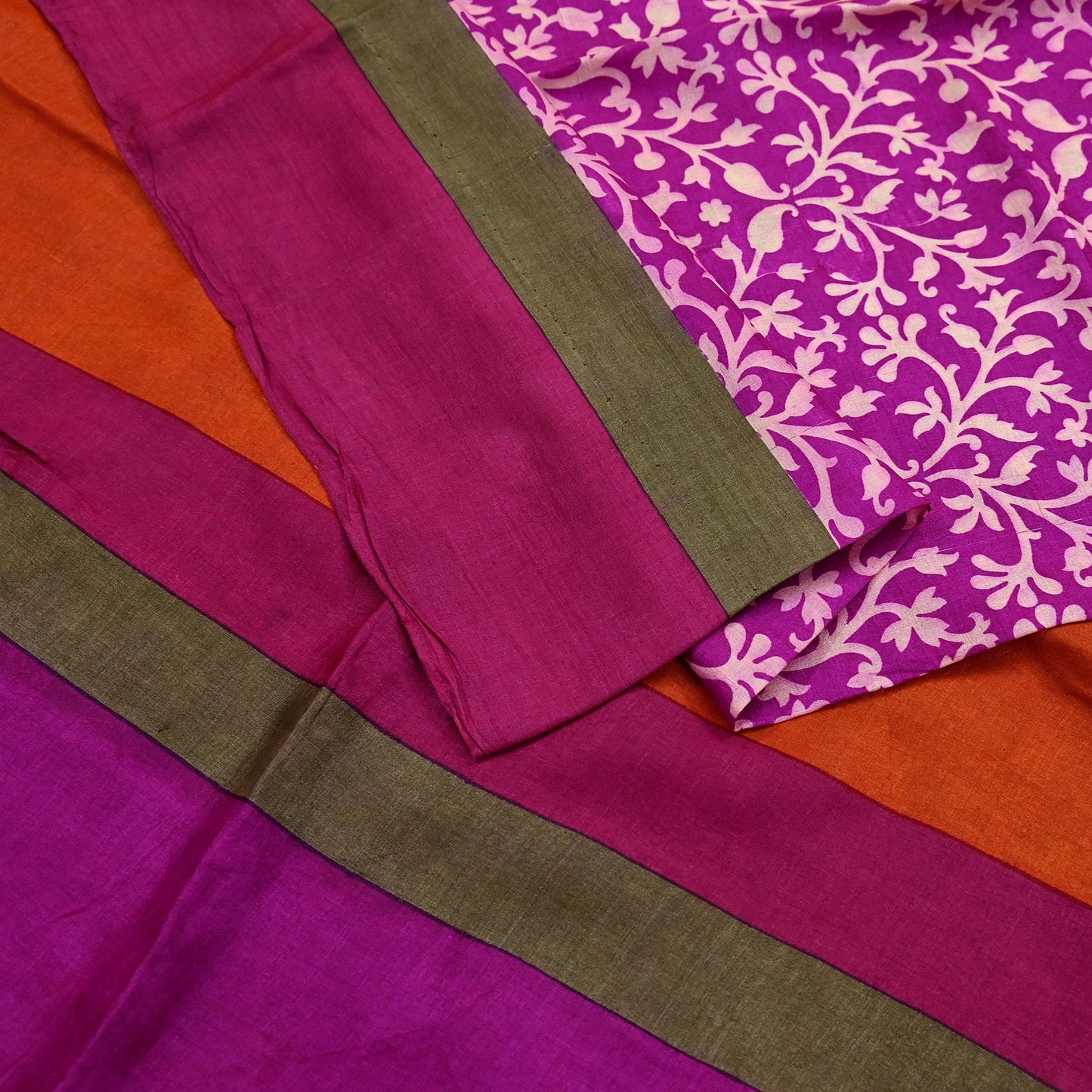 Indian Vintage Purple & Orange Saree Pure Khadi Silk Handloom Printed Sari Fabric 5yd Ethnic Wear Sari Stripes Designs Dress making Crafting