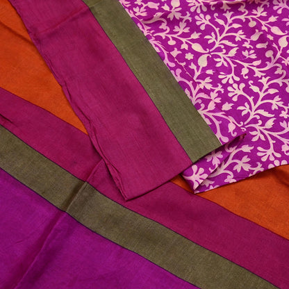 Indian Vintage Purple & Orange Saree Pure Khadi Silk Handloom Printed Sari Fabric 5yd Ethnic Wear Sari Stripes Designs Dress making Crafting