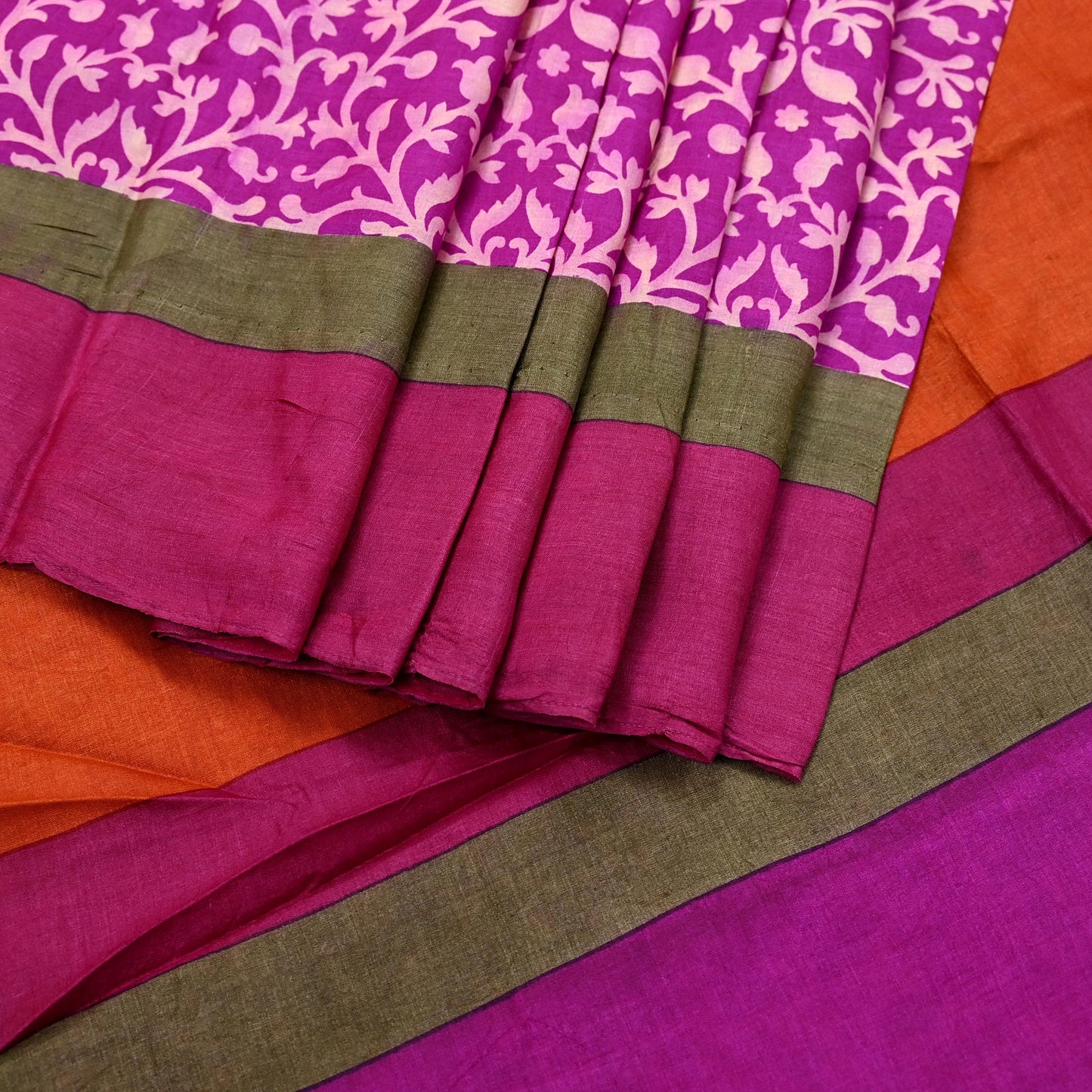 Indian Vintage Purple & Orange Saree Pure Khadi Silk Handloom Printed Sari Fabric 5yd Ethnic Wear Sari Stripes Designs Dress making Crafting
