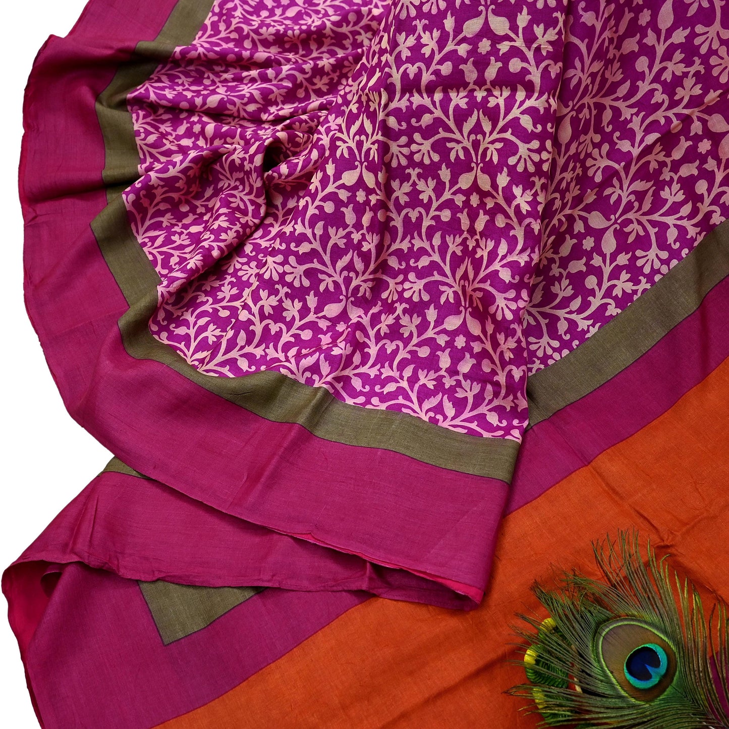 Indian Vintage Purple & Orange Saree Pure Khadi Silk Handloom Printed Sari Fabric 5yd Ethnic Wear Sari Stripes Designs Dress making Crafting