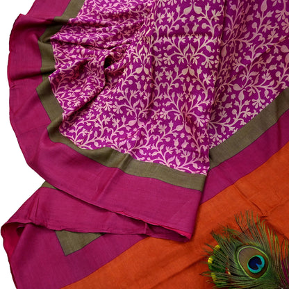 Indian Vintage Purple & Orange Saree Pure Khadi Silk Handloom Printed Sari Fabric 5yd Ethnic Wear Sari Stripes Designs Dress making Crafting