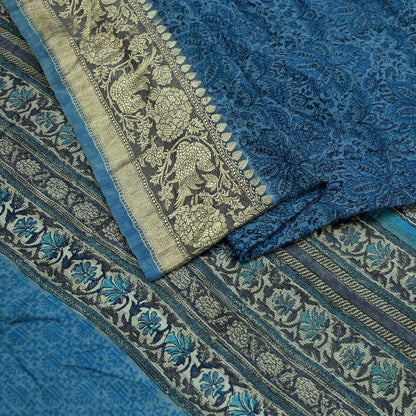 Indian Vintage Heavy Sari Blue Pure Khadi Silk Handloom Saree Craft Fabric 6yd Ethnic Wear Dress making For Crafting Quilting Sewing Zari