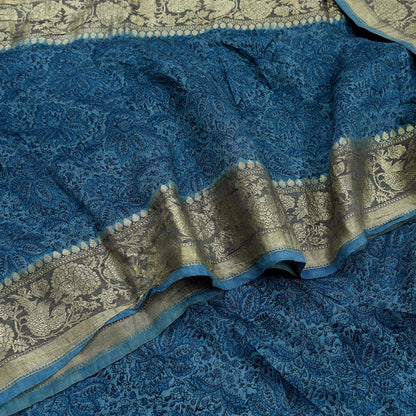 Indian Vintage Heavy Sari Blue Pure Khadi Silk Handloom Saree Craft Fabric 6yd Ethnic Wear Dress making For Crafting Quilting Sewing Zari