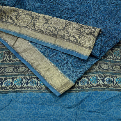 Indian Vintage Heavy Sari Blue Pure Khadi Silk Handloom Saree Craft Fabric 6yd Ethnic Wear Dress making For Crafting Quilting Sewing Zari