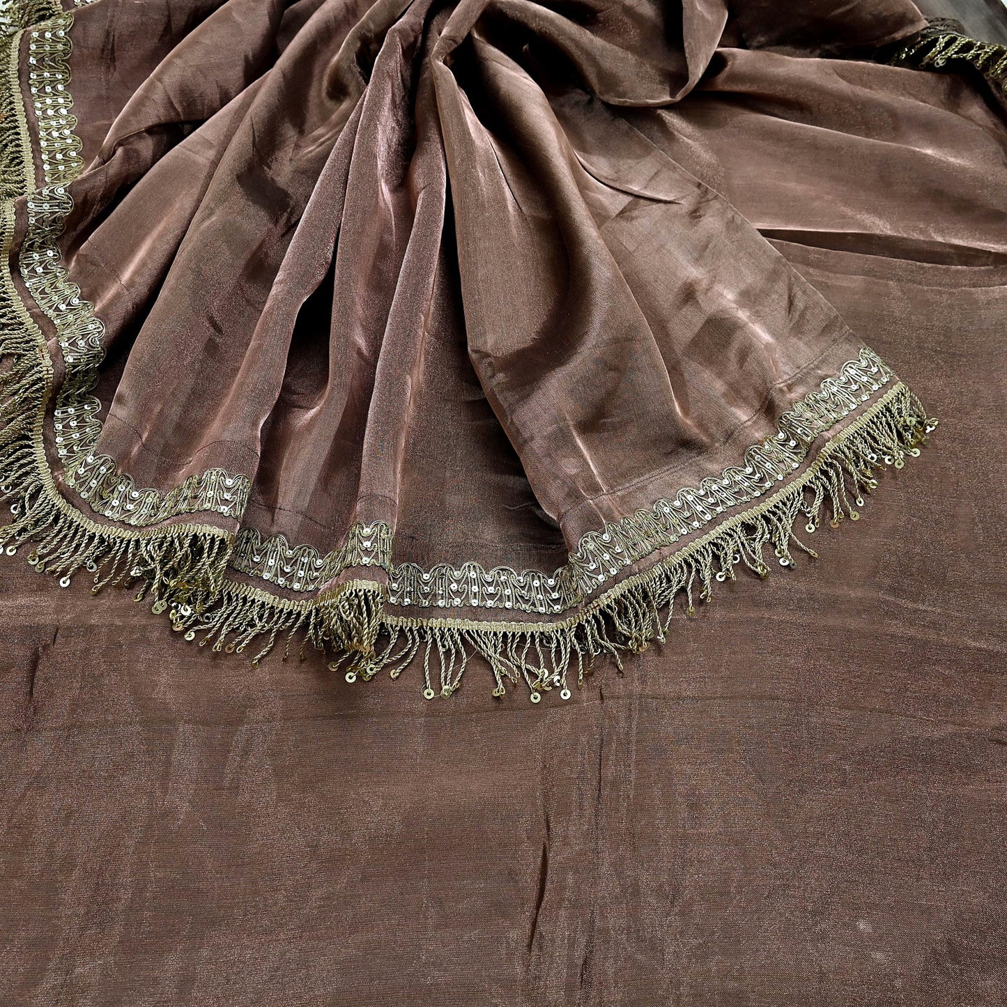 Indian Vintage Copper Brown Heavy Saree Hand Embroidered Designer Tissue Silk Sari Fabric 6Yd Ethnic Floral Zari Brocade border