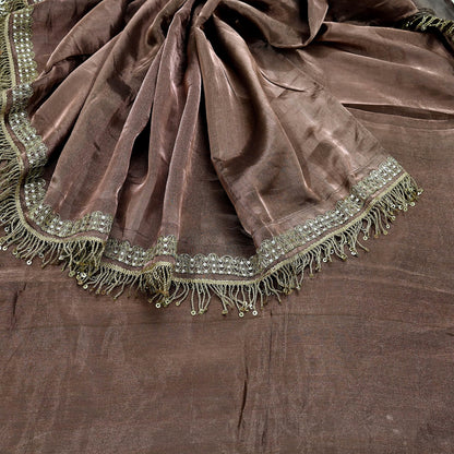 Indian Vintage Copper Brown Heavy Saree Hand Embroidered Designer Tissue Silk Sari Fabric 6Yd Ethnic Floral Zari Brocade border
