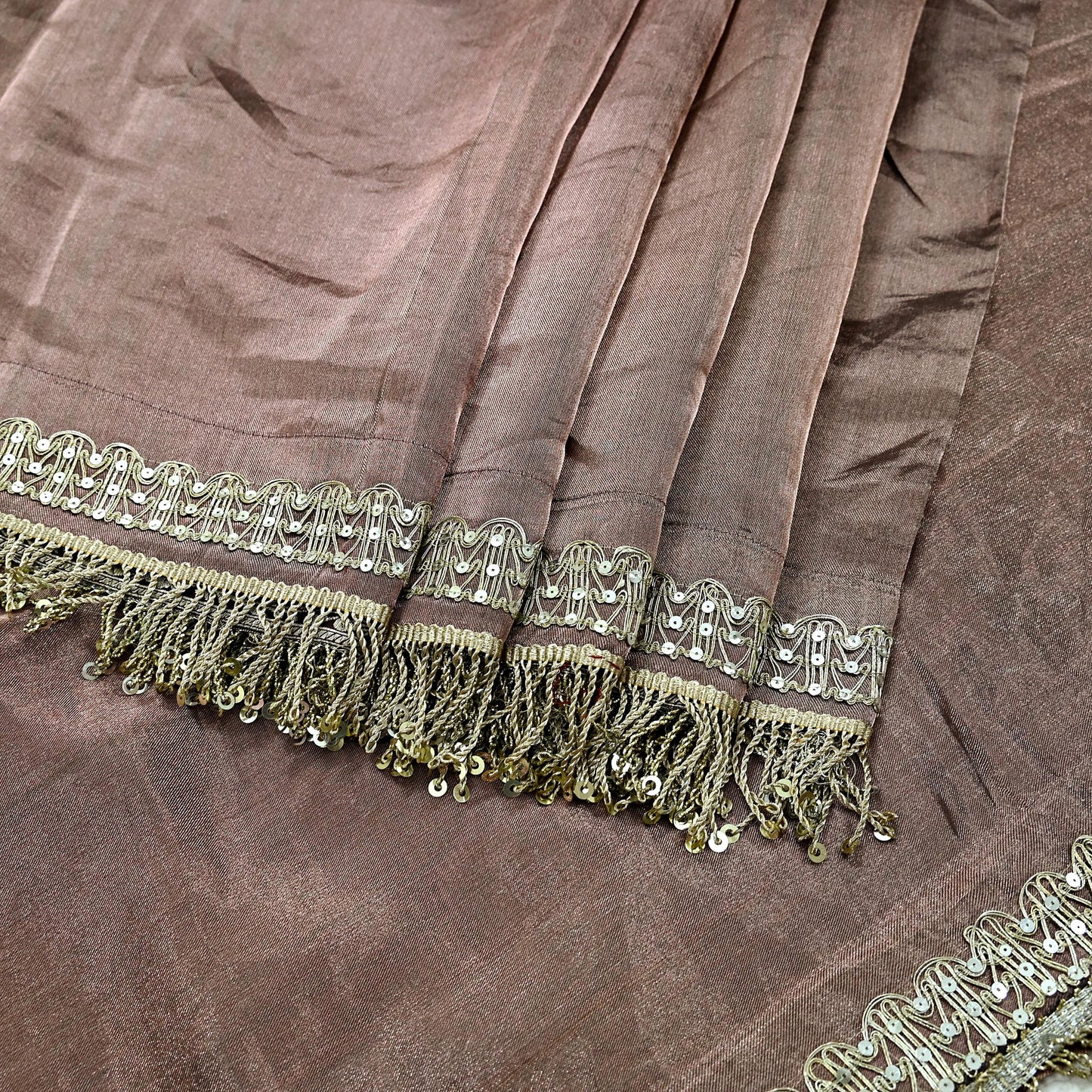 Indian Vintage Copper Brown Heavy Saree Hand Embroidered Designer Tissue Silk Sari Fabric 6Yd Ethnic Floral Zari Brocade border