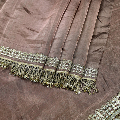 Indian Vintage Copper Brown Heavy Saree Hand Embroidered Designer Tissue Silk Sari Fabric 6Yd Ethnic Floral Zari Brocade border