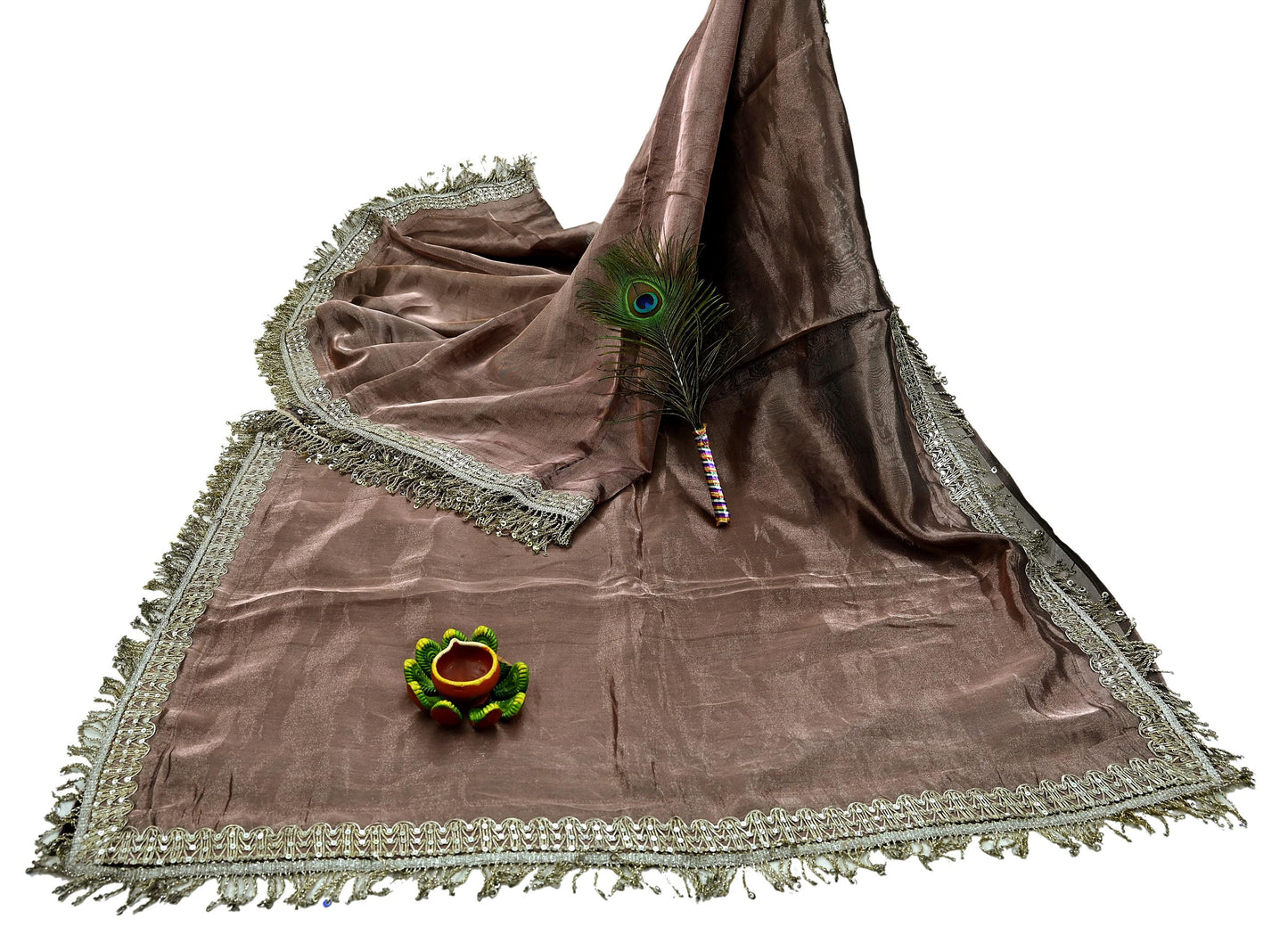 Indian Vintage Copper Brown Heavy Saree Hand Embroidered Designer Tissue Silk Sari Fabric 6Yd Ethnic Floral Zari Brocade border