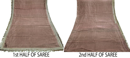Indian Vintage Copper Brown Heavy Saree Hand Embroidered Designer Tissue Silk Sari Fabric 6Yd Ethnic Floral Zari Brocade border