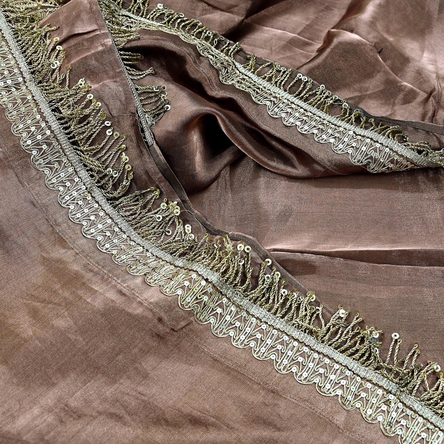Indian Vintage Copper Brown Heavy Saree Hand Embroidered Designer Tissue Silk Sari Fabric 6Yd Ethnic Floral Zari Brocade border