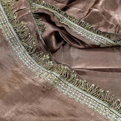 Indian Vintage Copper Brown Heavy Saree Hand Embroidered Designer Tissue Silk Sari Fabric 6Yd Ethnic Floral Zari Brocade border