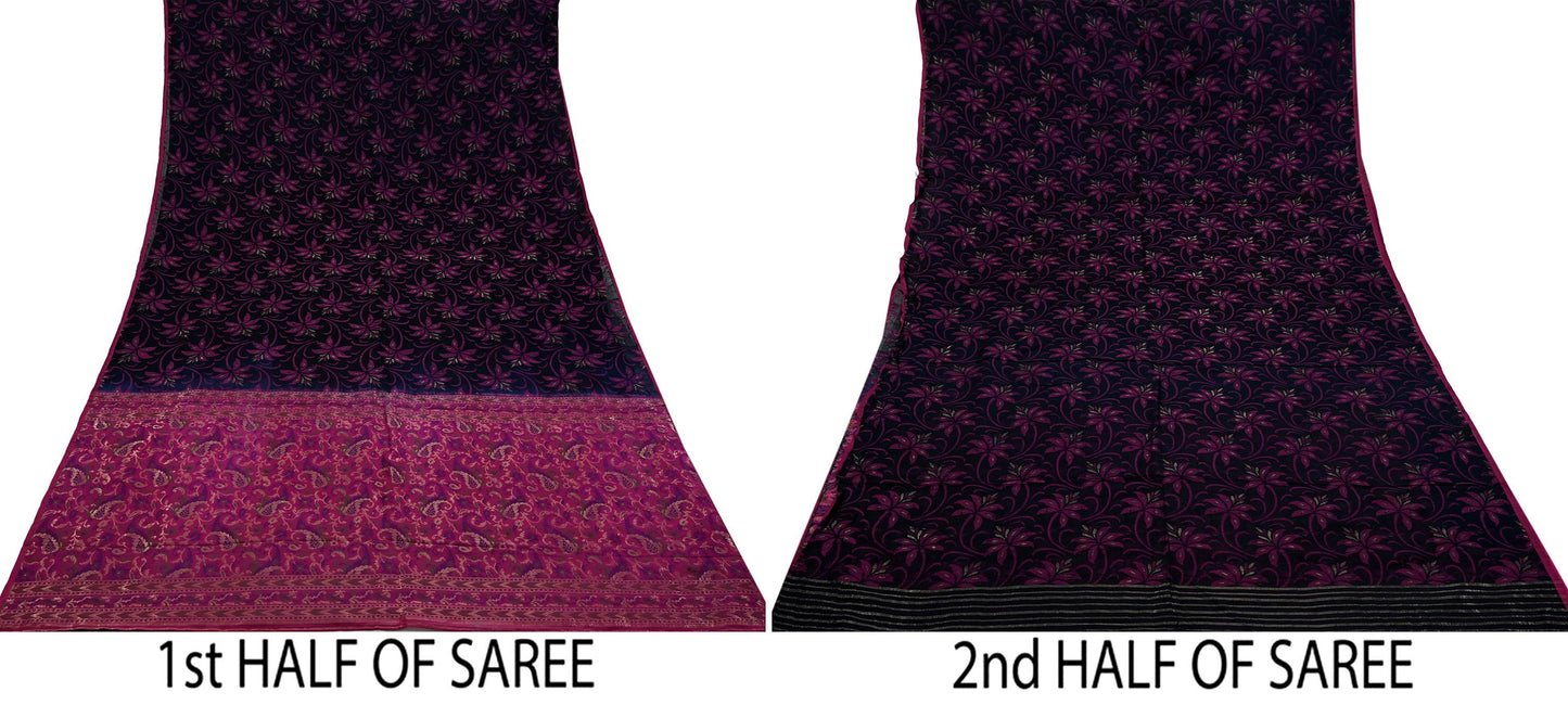 Indian Vintage Black & Pink Heavy Saree Pure Silk saree Banarasi Brocade Sari Fabric Zari 5Yard Paisley Dress making Crafting Quilting