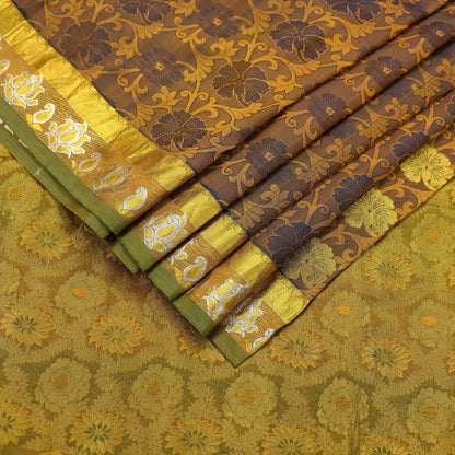 Indian Vintage Heavy Green & Mustard Kanjivaram Saree 100% Pure Silk Sari Zari 6Yd Floral Crafting Dress making Crafting Quilting