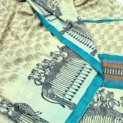 Indian Vintage Ivory Saree Pure Khadi Silk Handloom Printed Sari Fabric 6yd Ethnic Wear Sari Stripes Elephants Designs Dress making Crafting
