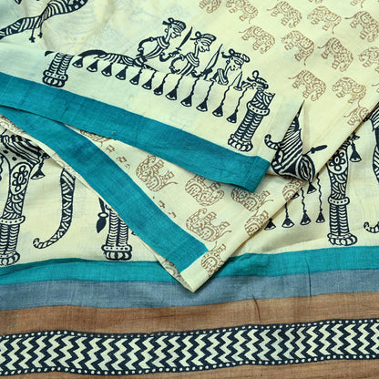 Indian Vintage Ivory Saree Pure Khadi Silk Handloom Printed Sari Fabric 6yd Ethnic Wear Sari Stripes Elephants Designs Dress making Crafting