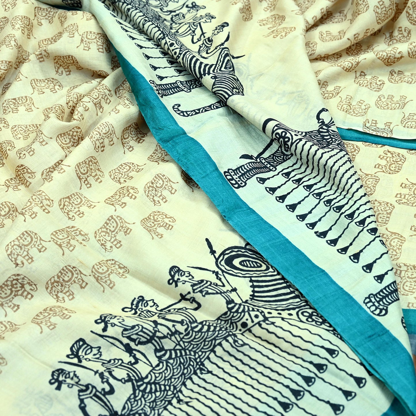 Indian Vintage Ivory Saree Pure Khadi Silk Handloom Printed Sari Fabric 6yd Ethnic Wear Sari Stripes Elephants Designs Dress making Crafting