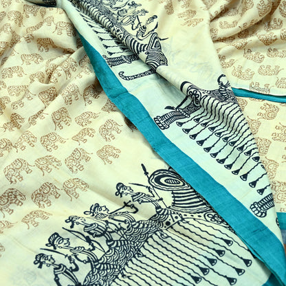 Indian Vintage Ivory Saree Pure Khadi Silk Handloom Printed Sari Fabric 6yd Ethnic Wear Sari Stripes Elephants Designs Dress making Crafting