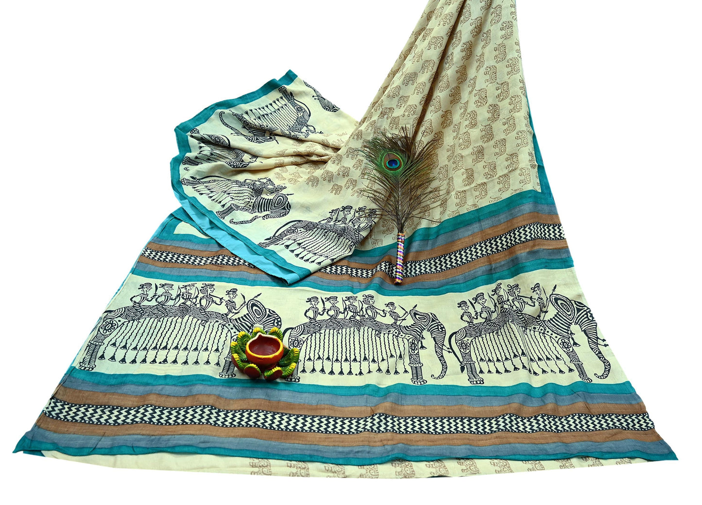 Indian Vintage Ivory Saree Pure Khadi Silk Handloom Printed Sari Fabric 6yd Ethnic Wear Sari Stripes Elephants Designs Dress making Crafting