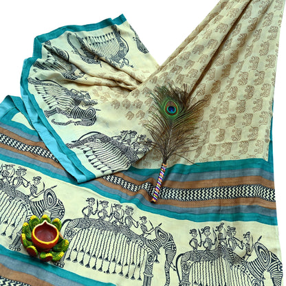 Indian Vintage Ivory Saree Pure Khadi Silk Handloom Printed Sari Fabric 6yd Ethnic Wear Sari Stripes Elephants Designs Dress making Crafting