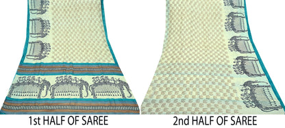 Indian Vintage Ivory Saree Pure Khadi Silk Handloom Printed Sari Fabric 6yd Ethnic Wear Sari Stripes Elephants Designs Dress making Crafting