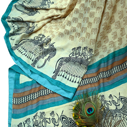 Indian Vintage Ivory Saree Pure Khadi Silk Handloom Printed Sari Fabric 6yd Ethnic Wear Sari Stripes Elephants Designs Dress making Crafting