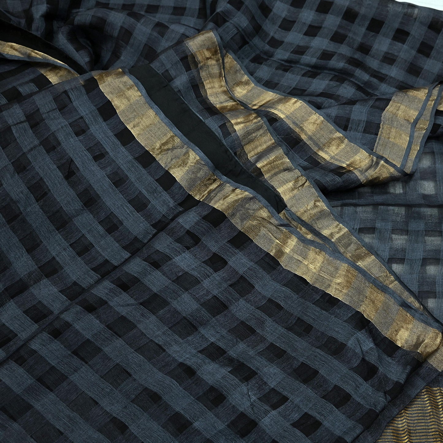 Indian Vintage Black Saree Pure Khadi Silk Handloom Woven Zari Sari Craft Fabric 6yd Ethnic Wear Border Dress making Upcycle Fringes