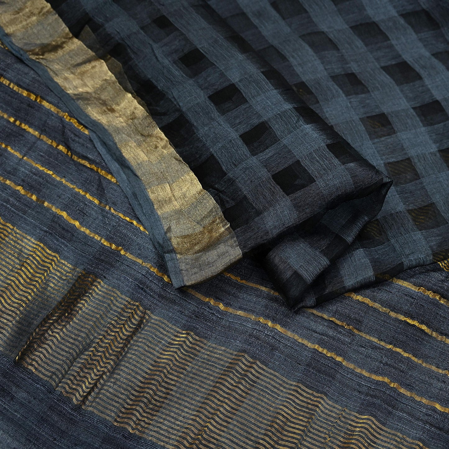 Indian Vintage Black Saree Pure Khadi Silk Handloom Woven Zari Sari Craft Fabric 6yd Ethnic Wear Border Dress making Upcycle Fringes
