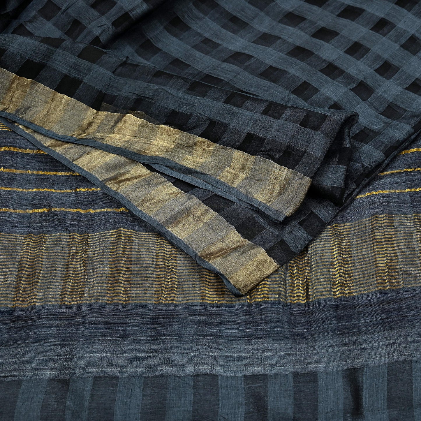 Indian Vintage Black Saree Pure Khadi Silk Handloom Woven Zari Sari Craft Fabric 6yd Ethnic Wear Border Dress making Upcycle Fringes