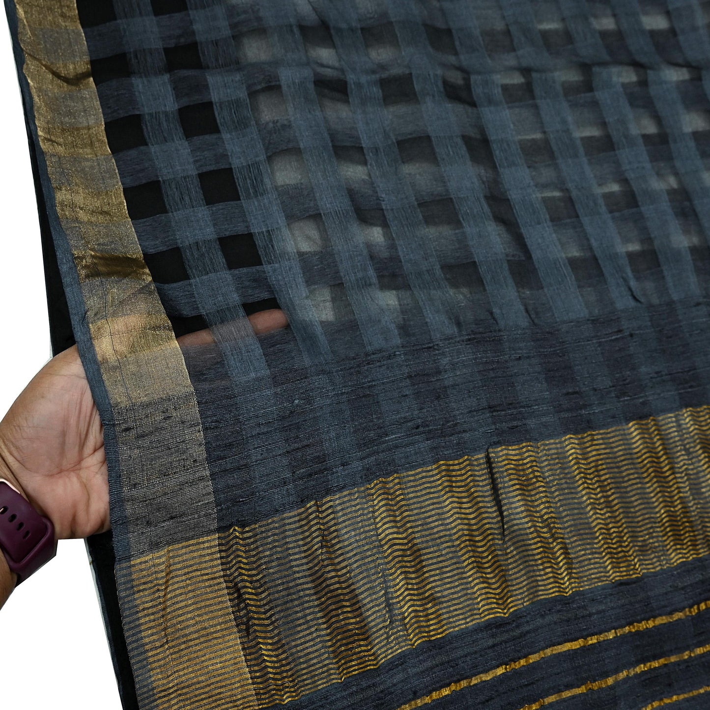 Indian Vintage Black Saree Pure Khadi Silk Handloom Woven Zari Sari Craft Fabric 6yd Ethnic Wear Border Dress making Upcycle Fringes