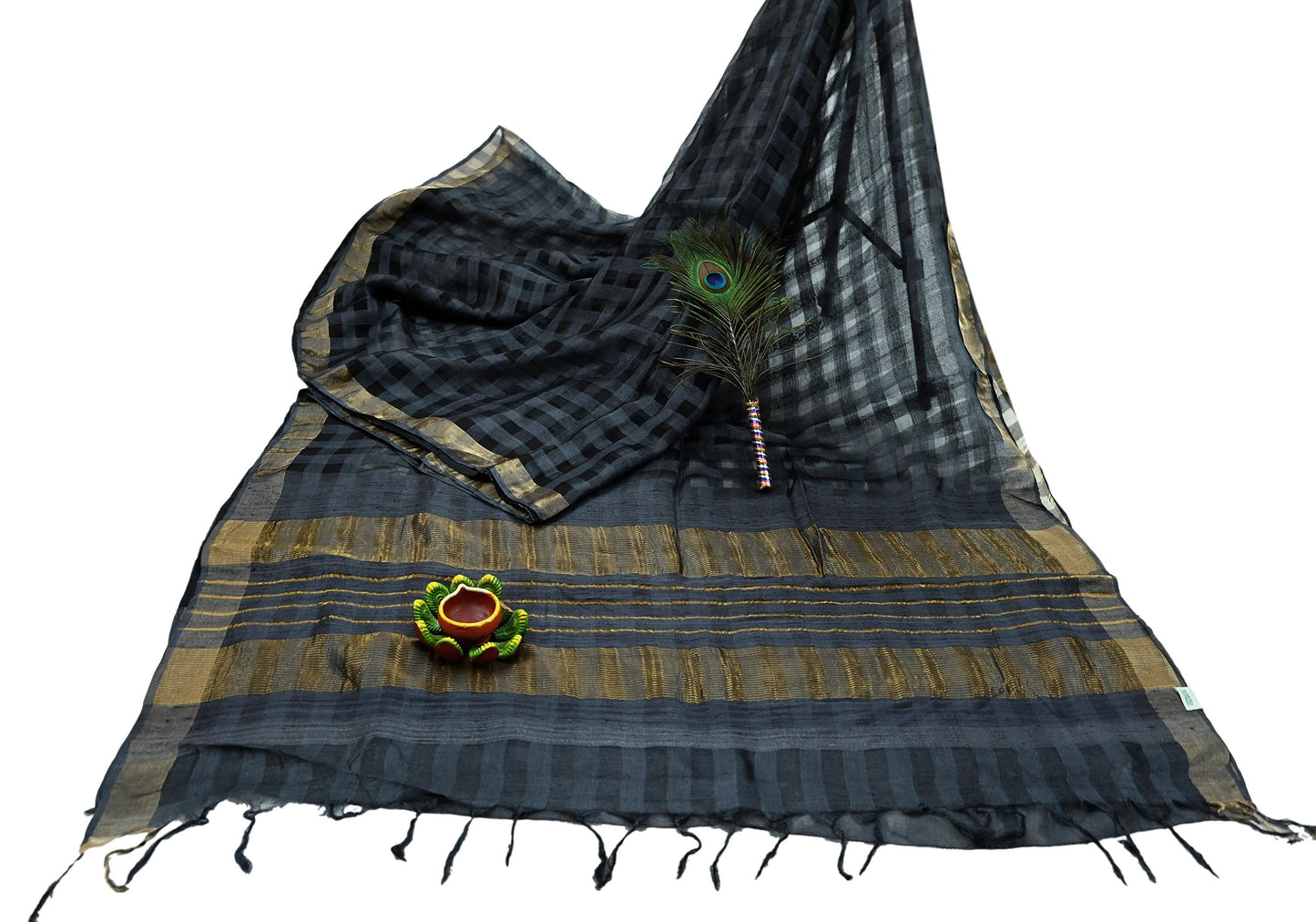 Indian Vintage Black Saree Pure Khadi Silk Handloom Woven Zari Sari Craft Fabric 6yd Ethnic Wear Border Dress making Upcycle Fringes