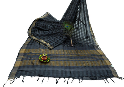 Indian Vintage Black Saree Pure Khadi Silk Handloom Woven Zari Sari Craft Fabric 6yd Ethnic Wear Border Dress making Upcycle Fringes