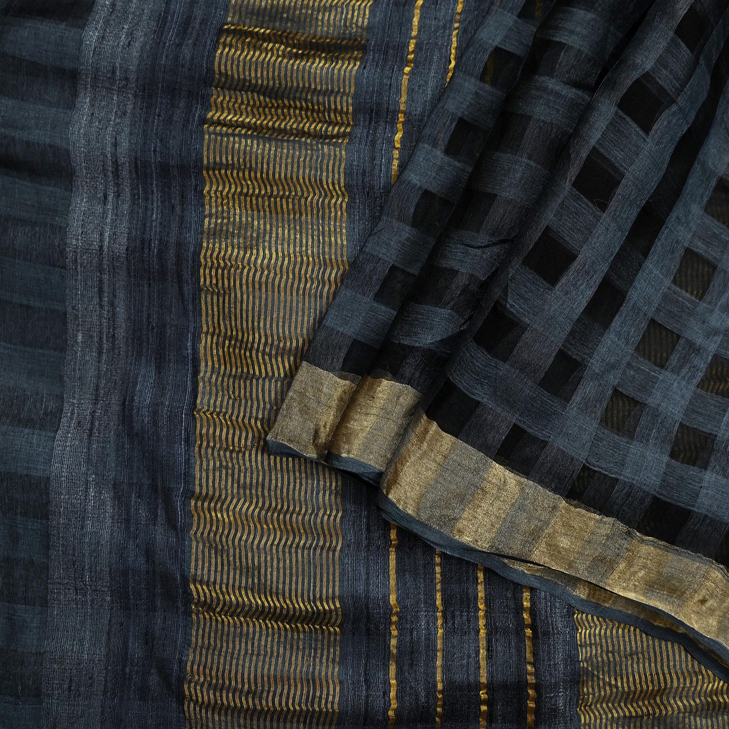 Indian Vintage Black Saree Pure Khadi Silk Handloom Woven Zari Sari Craft Fabric 6yd Ethnic Wear Border Dress making Upcycle Fringes