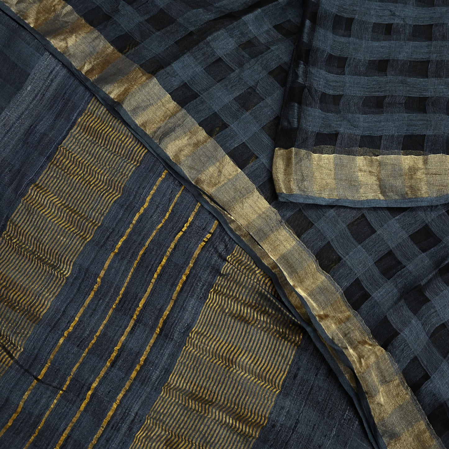 Indian Vintage Black Saree Pure Khadi Silk Handloom Woven Zari Sari Craft Fabric 6yd Ethnic Wear Border Dress making Upcycle Fringes