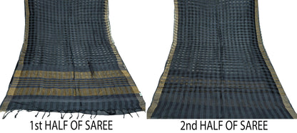 Indian Vintage Black Saree Pure Khadi Silk Handloom Woven Zari Sari Craft Fabric 6yd Ethnic Wear Border Dress making Upcycle Fringes