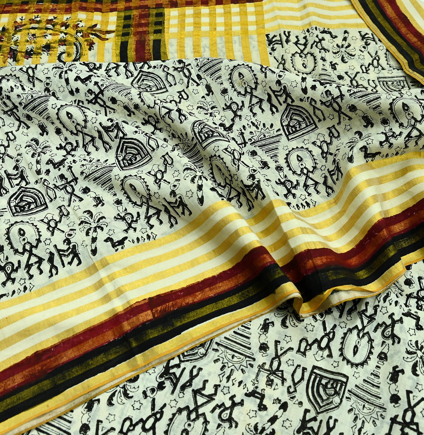 Indian Vintage Ivory Sarees Hand Woven Warli Printed 100% Pure Cotton Sari Craft Fabric 5Yd  Sari Ethnic Floral Design Zari