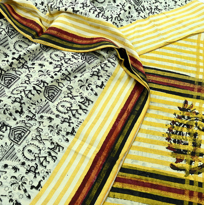 Indian Vintage Ivory Sarees Hand Woven Warli Printed 100% Pure Cotton Sari Craft Fabric 5Yd  Sari Ethnic Floral Design Zari